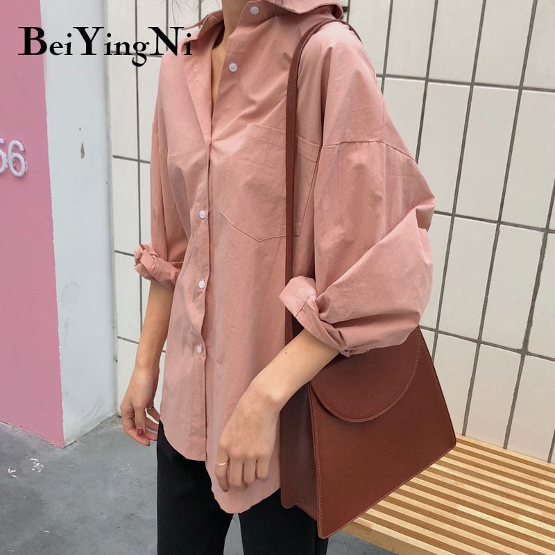 Spring Autumn Women Shirts White Plain Loose Oversized Blouses Female Tops Loose BF Korean Style Blusas Pockets