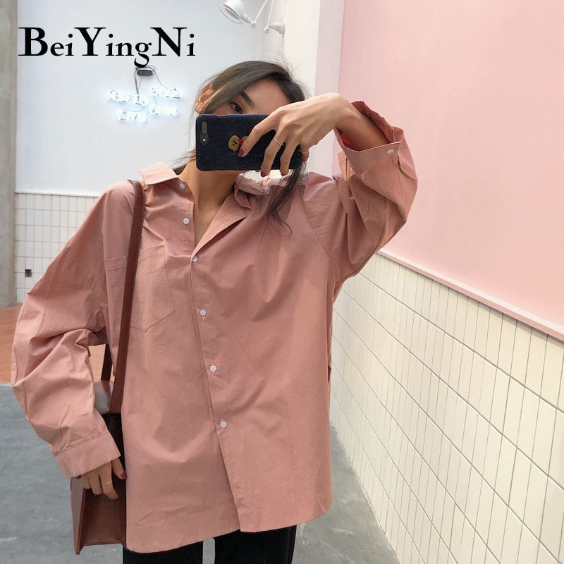 Spring Autumn Women Shirts White Plain Loose Oversized Blouses Female Tops Loose BF Korean Style Blusas Pockets