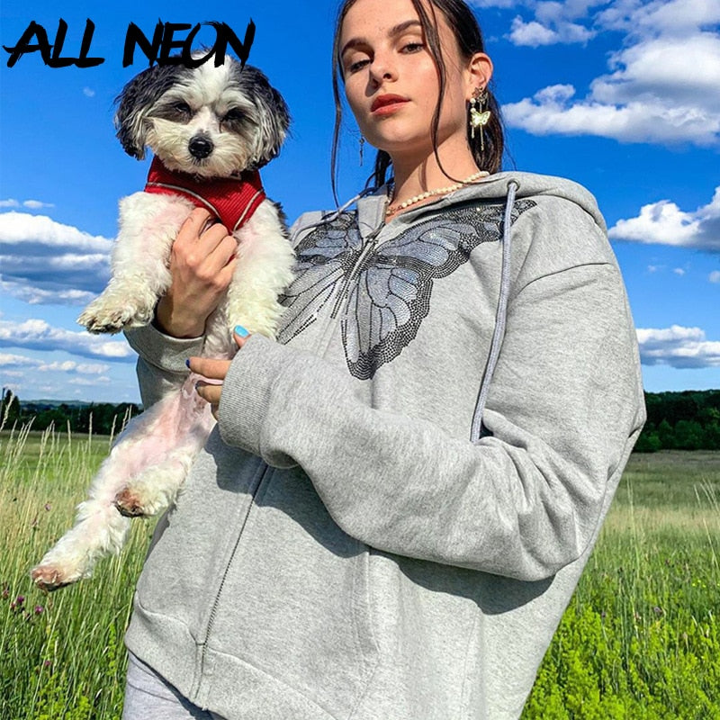 ALLNeon Y2K Fashion Oversized Butterfly Graphic Rhinestone Zip Up Hoodies E-girl 90s Streetwear Diamond Grey Long Jacket Autumn