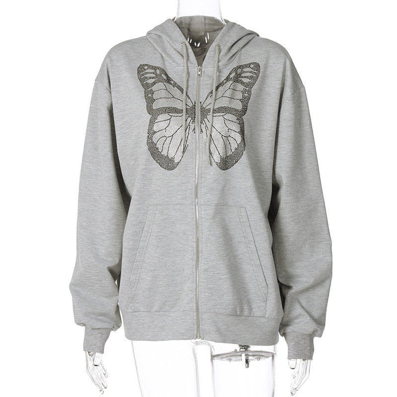 ALLNeon Y2K Fashion Oversized Butterfly Graphic Rhinestone Zip Up Hoodies E-girl 90s Streetwear Diamond Grey Long Jacket Autumn