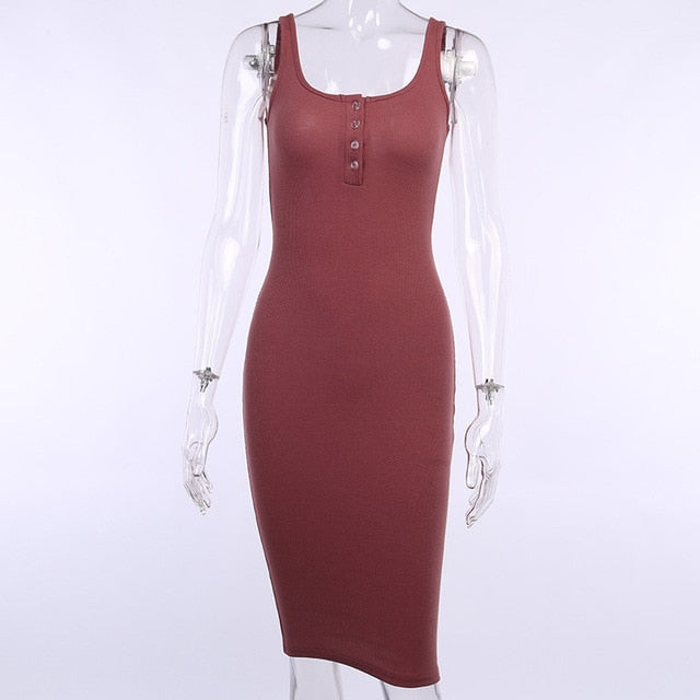 WannaThis Knee-Length Dress Knitted Elastic Sleeveless Bodycon elegant Women Summer Sexy V-Neck Button Party Slim Dresses