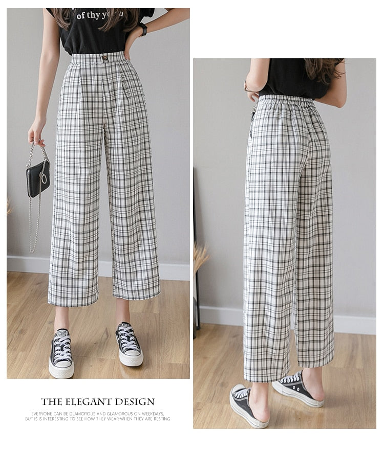 Syiwidii Vintage Plaid Pants Women High Waist Plus Size Wide Leg Casual Female Trousers 2021 Fashion Joggers Clothes Streetwear