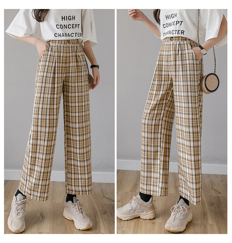 Syiwidii Vintage Plaid Pants Women High Waist Plus Size Wide Leg Casual Female Trousers 2021 Fashion Joggers Clothes Streetwear