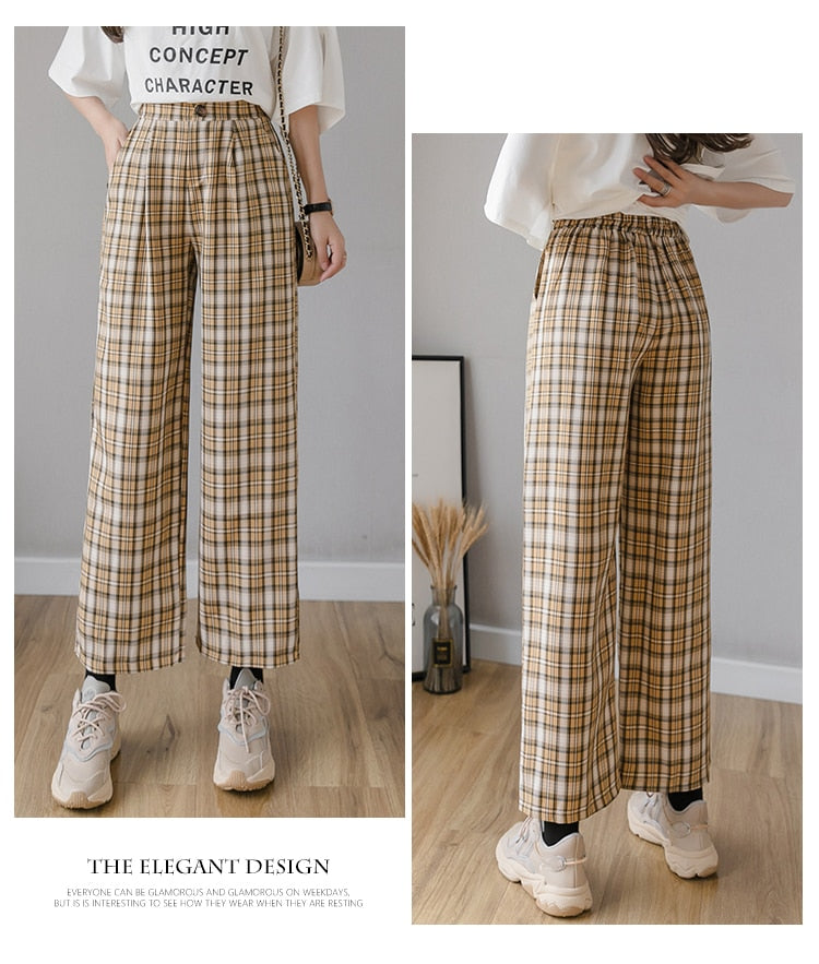 Syiwidii Vintage Plaid Pants Women High Waist Plus Size Wide Leg Casual Female Trousers 2021 Fashion Joggers Clothes Streetwear