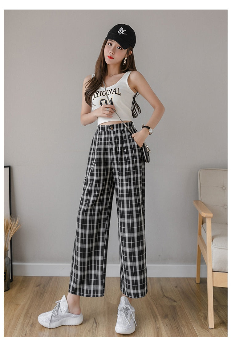 Syiwidii Vintage Plaid Pants Women High Waist Plus Size Wide Leg Casual Female Trousers 2021 Fashion Joggers Clothes Streetwear