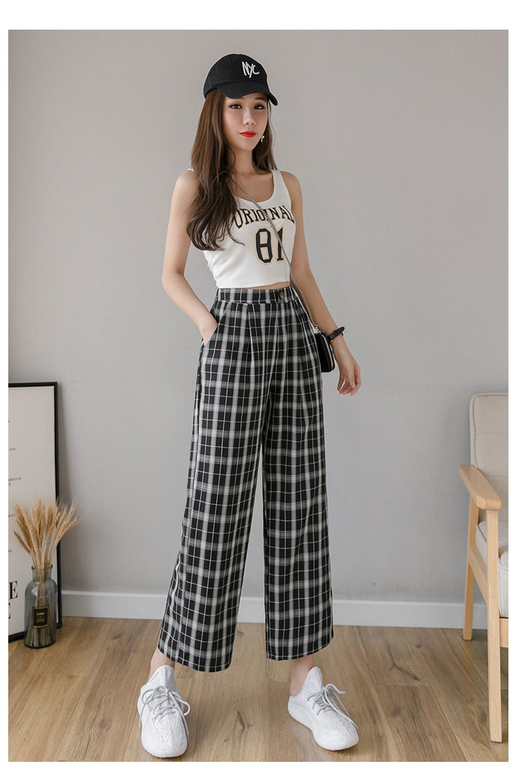 Syiwidii Vintage Plaid Pants Women High Waist Plus Size Wide Leg Casual Female Trousers 2021 Fashion Joggers Clothes Streetwear