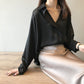 Spring Women Fashion Long Sleeves Satin Blouse Vintage Femme V Neck Street Shirts Elegant Imitation Silk Blouse