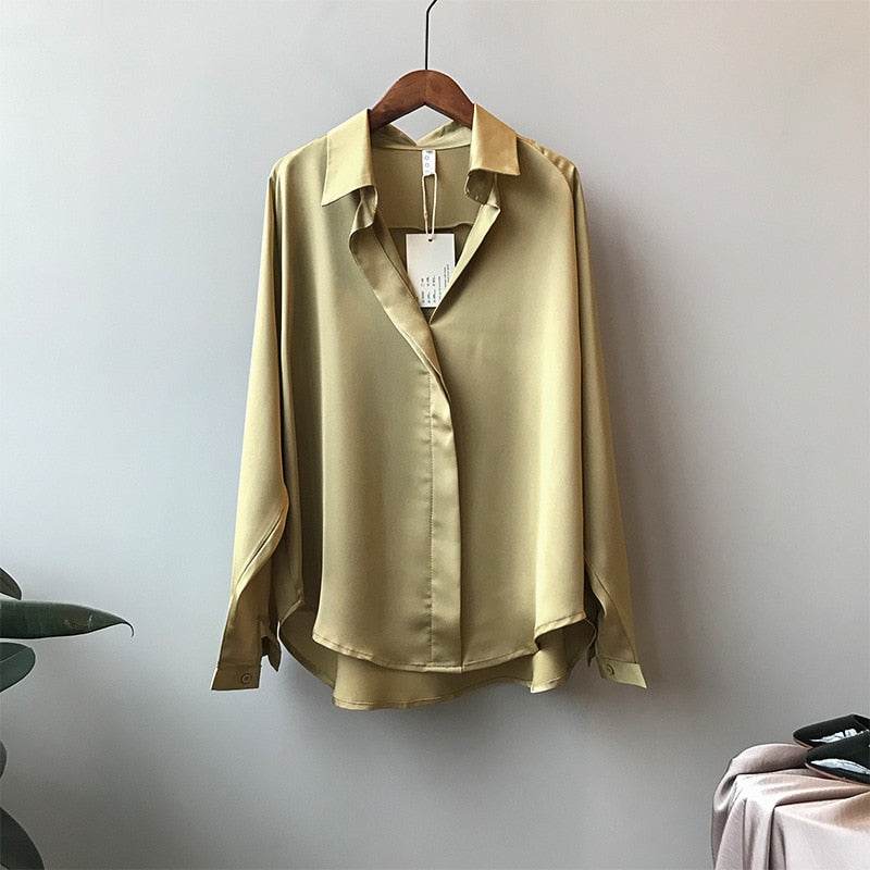 Spring Women Fashion Long Sleeves Satin Blouse Vintage Femme V Neck Street Shirts Elegant Imitation Silk Blouse