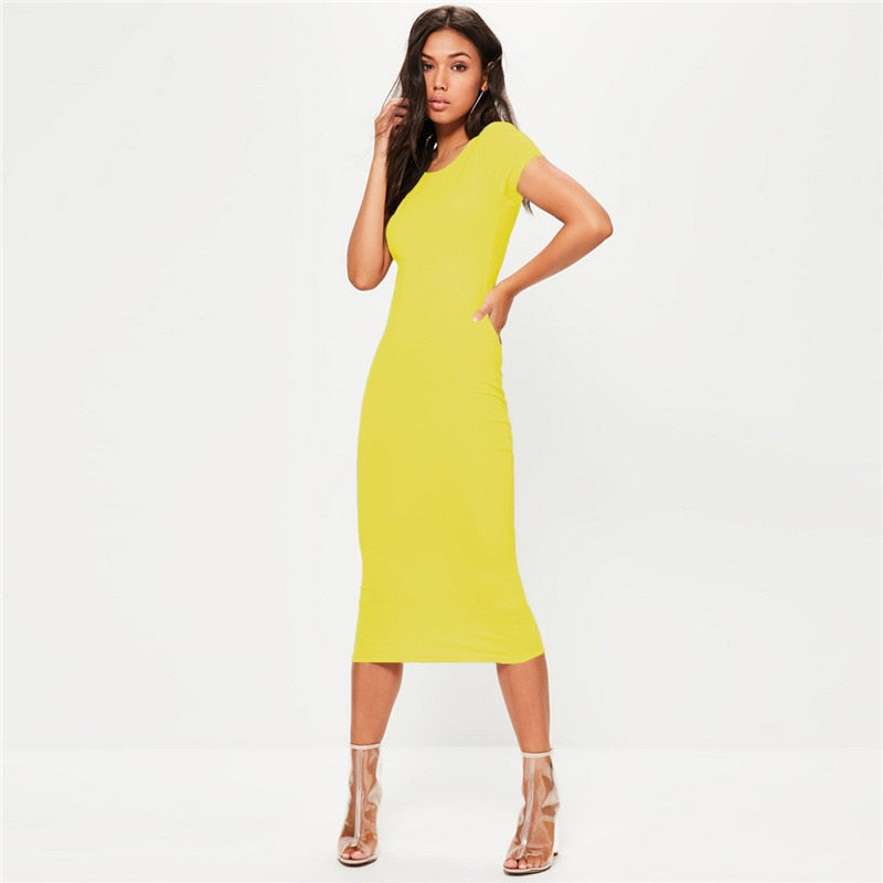 Cotton Long Spring Dress Fashion Solid O-Neck Short Sleeve Office Lady Summer Dress Plus Size Casual Pencil Vestidos Party Robe