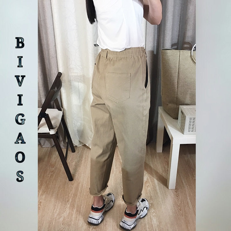 New Spring Women Clothing Straight Overalls Casual Harem Pants Korean Elastic Waist Triangle Buckle Cargo Pants Women