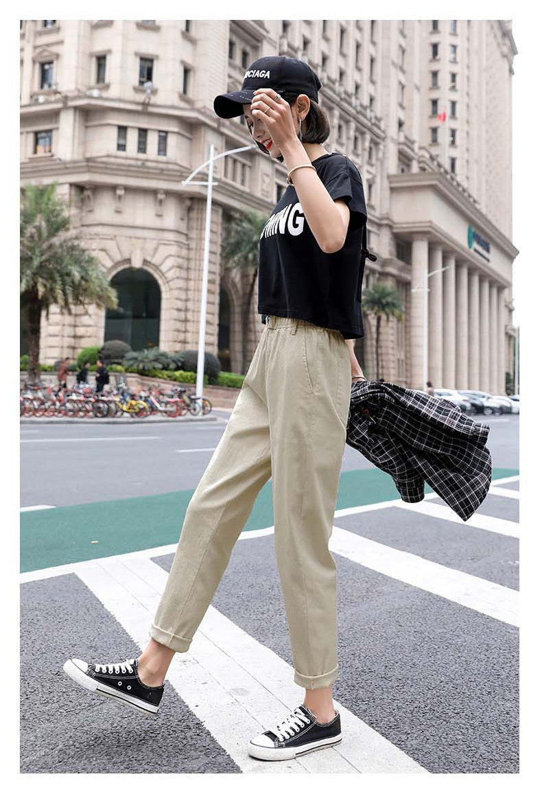 New Spring Women Clothing Straight Overalls Casual Harem Pants Korean Elastic Waist Triangle Buckle Cargo Pants Women