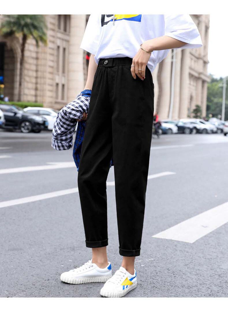 New Spring Women Clothing Straight Overalls Casual Harem Pants Korean Elastic Waist Triangle Buckle Cargo Pants Women