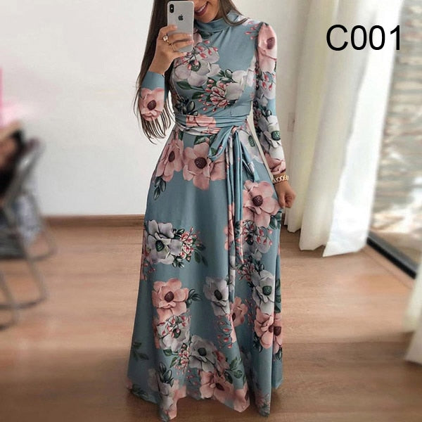 Plus size women's summer long super long dress casual long sleeve flower print dress casual high collar bandage Vestidos