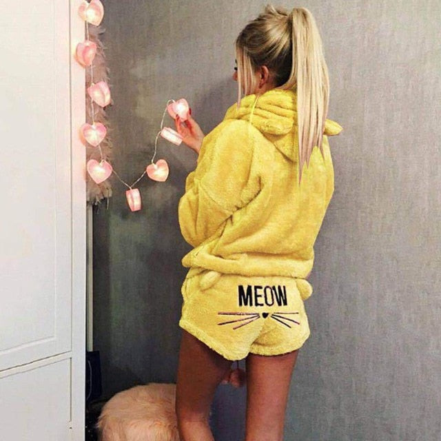 Women Pajama Sets Autumn Winter Flannel Cartoon Warm Pyjamas Animal Sleepwear Cat Cute Female Fashion Girls Homewear