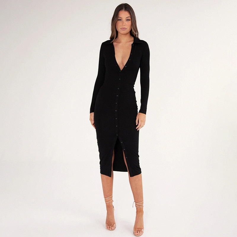 WannaThis Long Sleeve Party Dresses Women Button Knitted Ankle-Length V-Neck Skinny Autumn  Sexy Dresses Women Cotton Split Hem