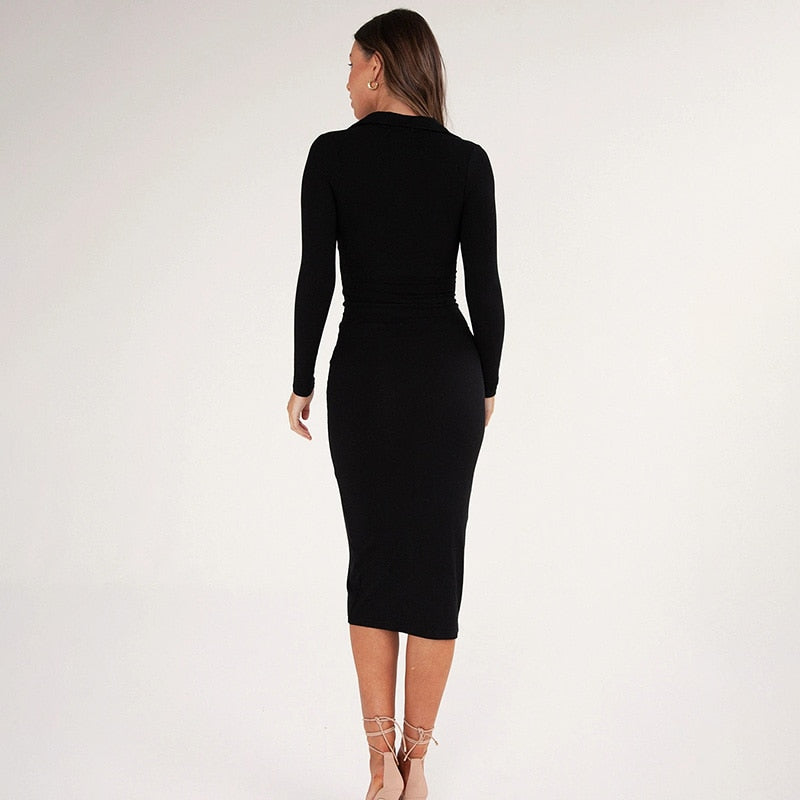 WannaThis Long Sleeve Party Dresses Women Button Knitted Ankle-Length V-Neck Skinny Autumn  Sexy Dresses Women Cotton Split Hem