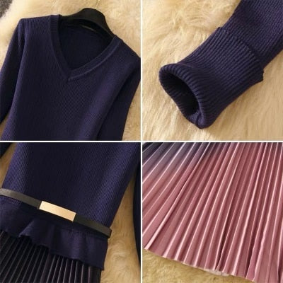 Autumn Winter Elegant Knitted Patchwork Gradient Pink Pleated Dress Women Long Sleeve Office One-Piece Sweater Dress With Belt