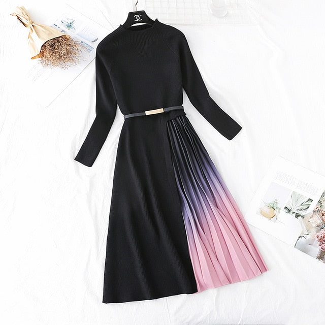 Autumn Winter Elegant Knitted Patchwork Gradient Pink Pleated Dress Women Long Sleeve Office One-Piece Sweater Dress With Belt