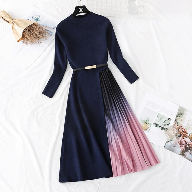 Autumn Winter Elegant Knitted Patchwork Gradient Pink Pleated Dress Women Long Sleeve Office One-Piece Sweater Dress With Belt