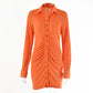 Autumn Ruched Long Sleeve Bodycon Dress Women Turn-Down Collar Sexy Mini Dress Female Button Slim Party Vestidos
