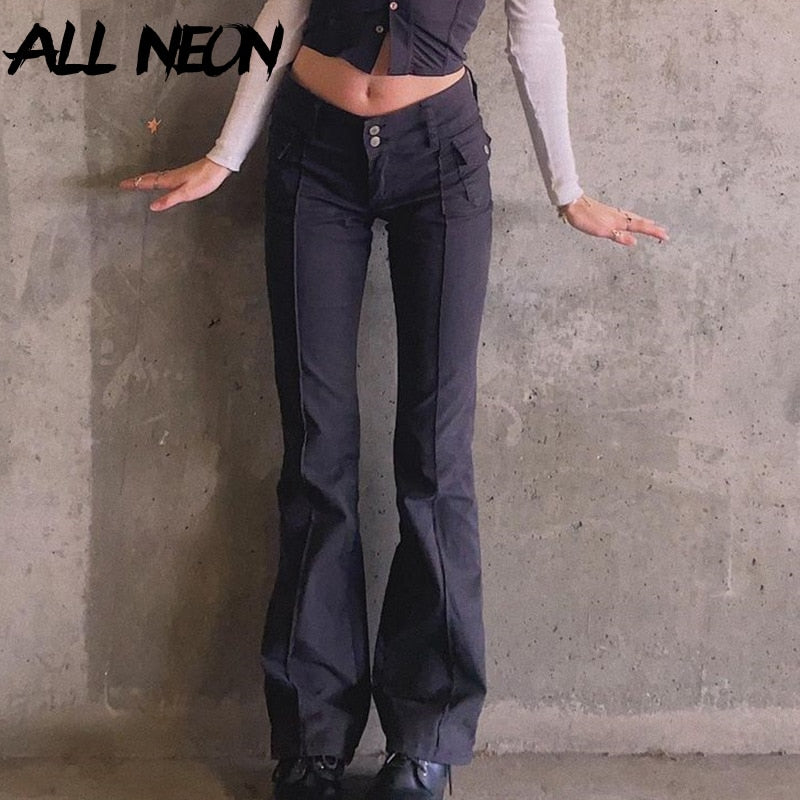 Indie Aesthetics Slim Low Waist Flare Pants E-girl Vintage Pockets Solid Y2K Pants Autumn 90s Fashion Black Trousers