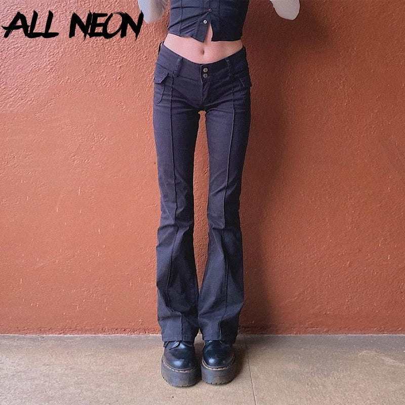 Indie Aesthetics Slim Low Waist Flare Pants E-girl Vintage Pockets Solid Y2K Pants Autumn 90s Fashion Black Trousers