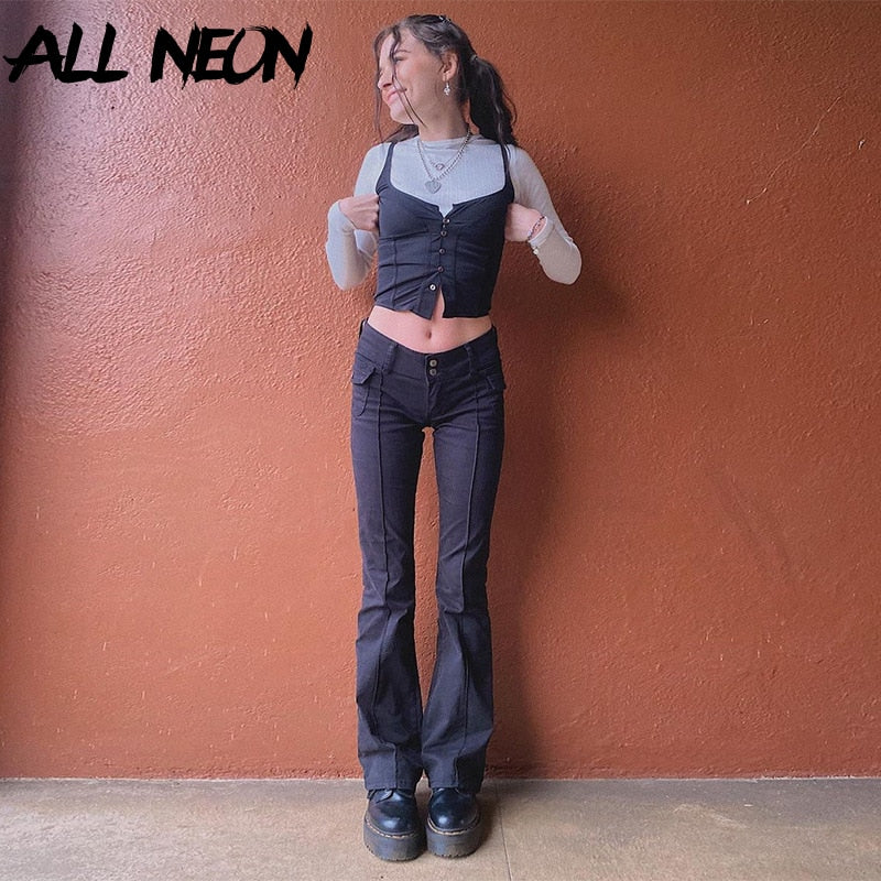 Indie Aesthetics Slim Low Waist Flare Pants E-girl Vintage Pockets Solid Y2K Pants Autumn 90s Fashion Black Trousers