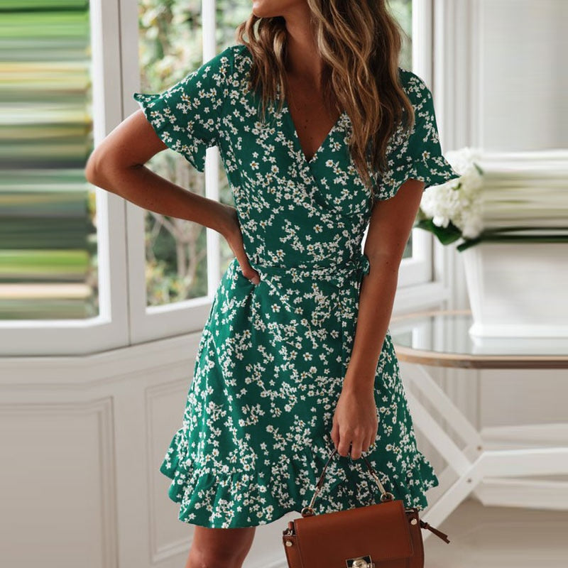 Women Dresses Summer Sexy V Neck Floral Print Boho Beach Dress Ruffle Short Sleeve A Line Mini Dress Sundress Robe