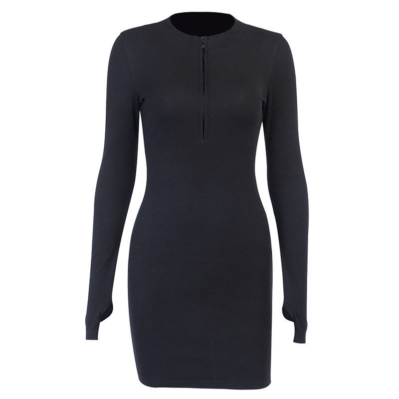 Women Winter Fall Bodycon Ribbed Dress 2020 New Stand Collar Zipper Deep V-neck Solid Stretch Bodycon Pencil Party Mini Vestido