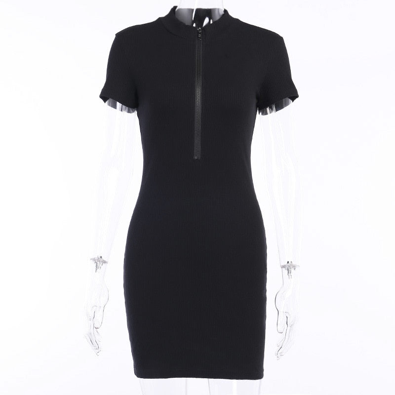 Women Winter Fall Bodycon Ribbed Dress 2020 New Stand Collar Zipper Deep V-neck Solid Stretch Bodycon Pencil Party Mini Vestido