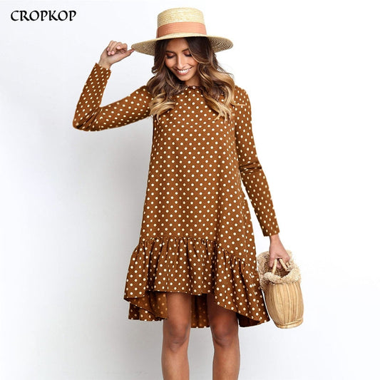 Women Autumn Dress Fashion Polka Dot Chiffon Dress Long Sleeve O Neck Ruffle Female Casual Yellow Dress 2021 Retro Vestido Mujer