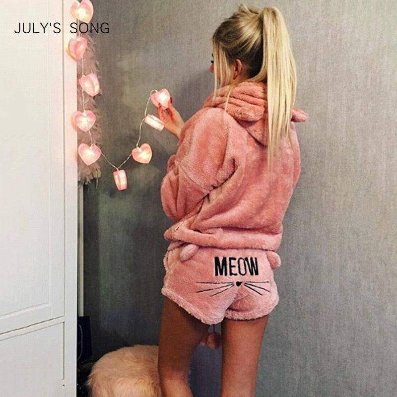 Women Pajama Sets Autumn Winter Flannel Cartoon Warm Pyjamas Animal Sleepwear Cat Cute Female Fashion Girls Homewear