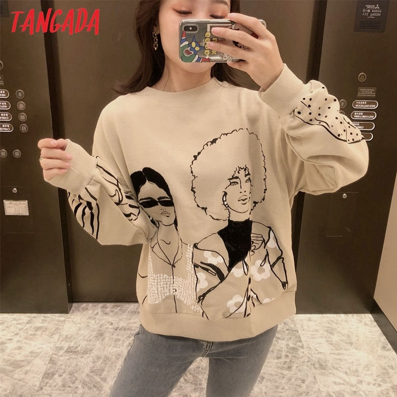 Women Charater Print Gray Sweatshirts Oversize Long Sleeve O Neck Loose Pullovers Female Tops 4H1