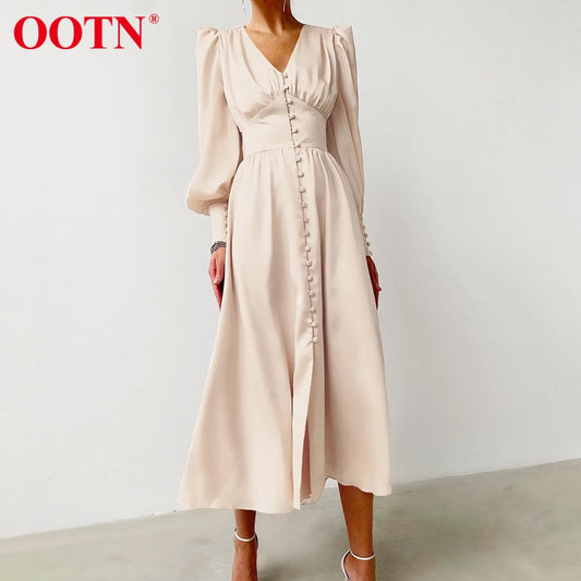 OOTN Beige Single Breasted Sexy Dress Party Clud High Waist Satin Long Dress Elegant V Neck Women Midi Dresses Lantern Sleeve