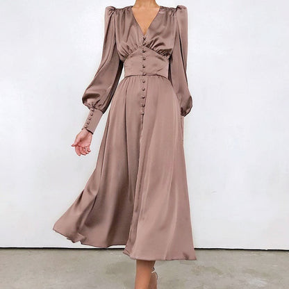 OOTN Beige Single Breasted Sexy Dress Party Clud High Waist Satin Long Dress Elegant V Neck Women Midi Dresses Lantern Sleeve