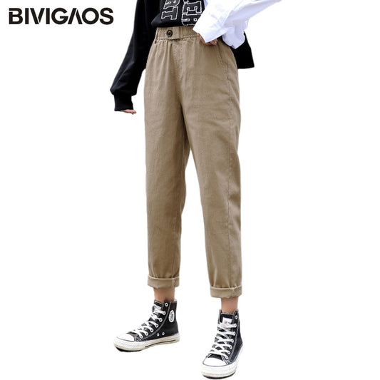 New Spring Women Clothing Straight Overalls Casual Harem Pants Korean Elastic Waist Triangle Buckle Cargo Pants Women