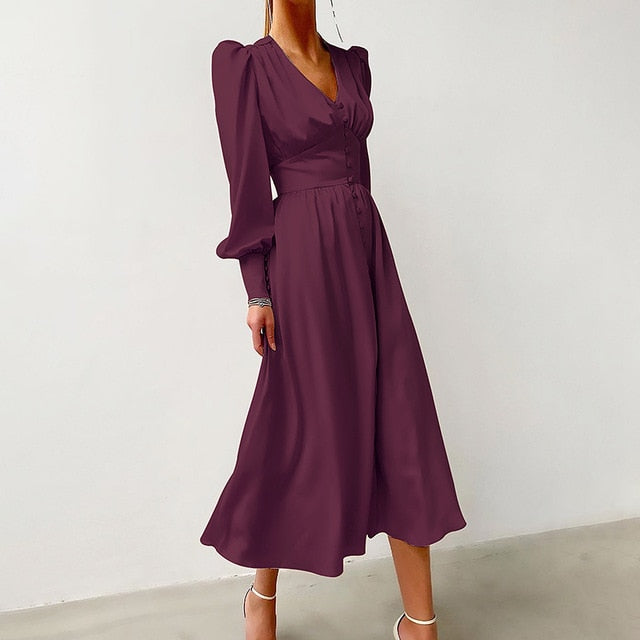 OOTN Beige Single Breasted Sexy Dress Party Clud High Waist Satin Long Dress Elegant V Neck Women Midi Dresses Lantern Sleeve