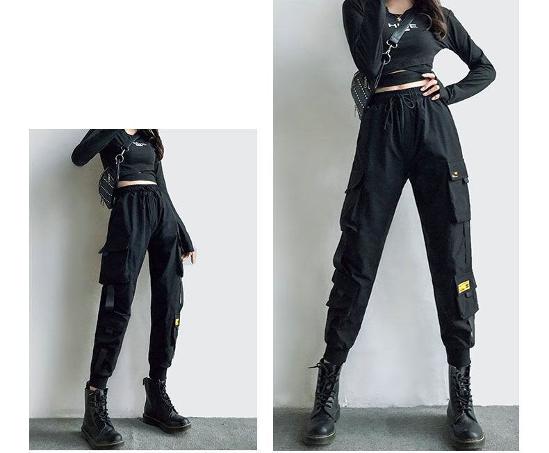 Streetwear Cargo Pants Women Casual Joggers Black High Waist Loose Female Trousers Korean Style Ribbon Ladies Pants Dropshipping