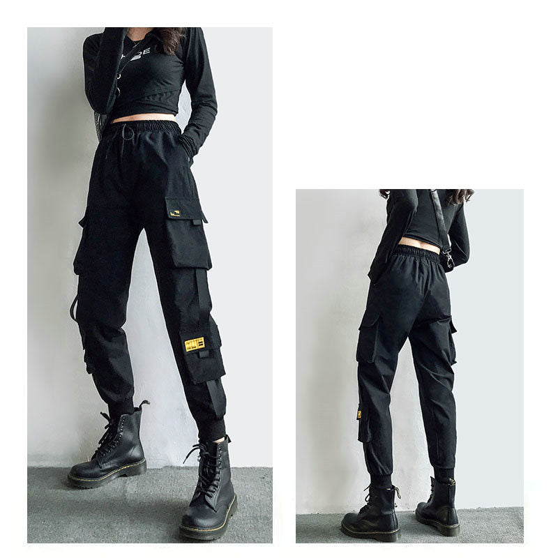 Streetwear Cargo Pants Women Casual Joggers Black High Waist Loose Female Trousers Korean Style Ribbon Ladies Pants Dropshipping