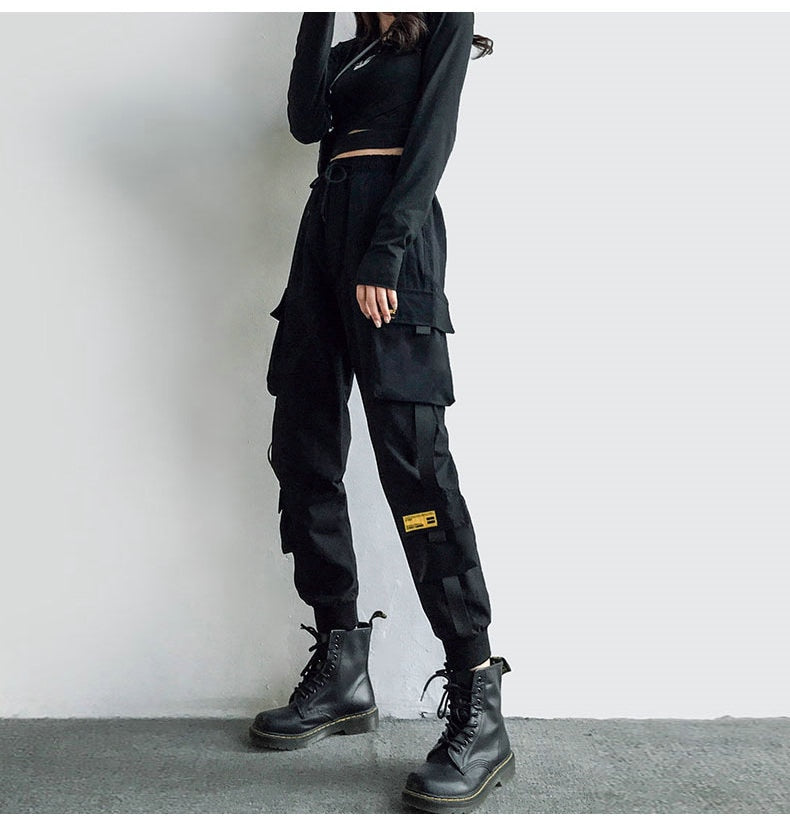 Streetwear Cargo Pants Women Casual Joggers Black High Waist Loose Female Trousers Korean Style Ribbon Ladies Pants Dropshipping