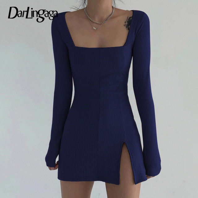 Elegant Square Neck Ribbed Black Dress Female Knitted Side Split Bodycon Dress Long Sleeve Fashion Mini Dresses Basic