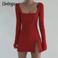 Elegant Square Neck Ribbed Black Dress Female Knitted Side Split Bodycon Dress Long Sleeve Fashion Mini Dresses Basic