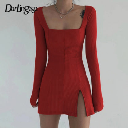 Elegant Square Neck Ribbed Black Dress Female Knitted Side Split Bodycon Dress Long Sleeve Fashion Mini Dresses Basic