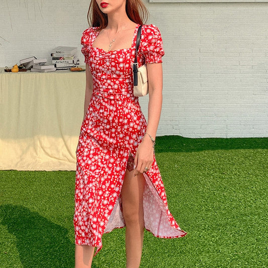 Women Summer Vintage Party Dress Lady France Style Puff Sleeve Floral Print Square Collar Side Split Midi Dress Vestido 2021 New