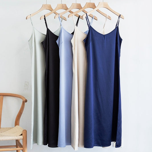 Fashion High Quality Women's Dress Summer Spaghetti Satin Long Woman Dress Very Soft Smooth Plus Size S-4XL