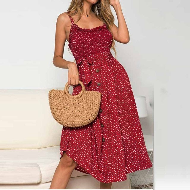 Sexy Summer Sleeveless Slip Dress Women Strapless Bow Button Loose Bandage Pleated Polka Dot Sundress Casual Backless Vestidos