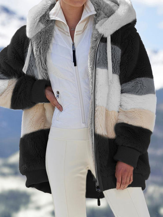 Winter Women's Coat Fashion Casual Stitching Plaid Ladies Clothes Hooded Zipper Ladies Coat Cashmere Women Jacket