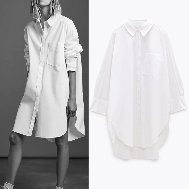 Autumn White Oversized Button Up Shirts Women Blouses Blue Collar Poplin Shirt Long Sleeve Plus Size Ladies Tops Pocket