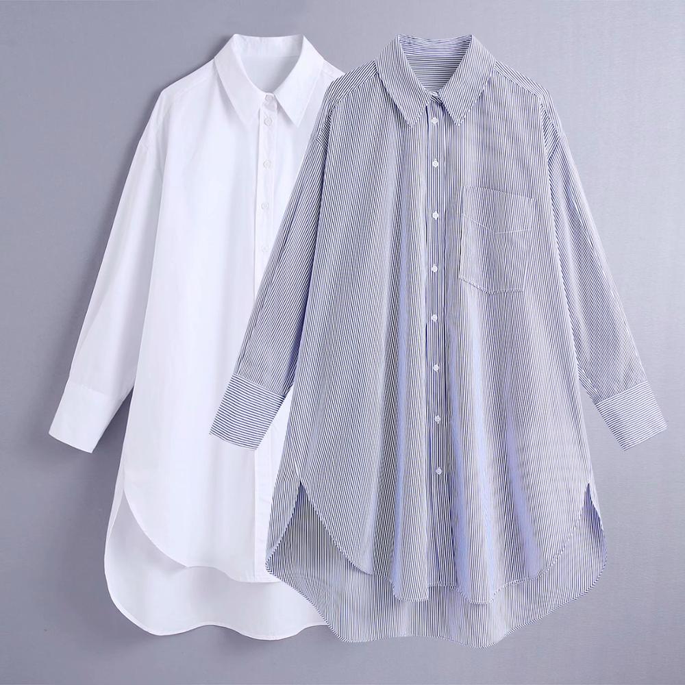 Autumn White Oversized Button Up Shirts Women Blouses Blue Collar Poplin Shirt Long Sleeve Plus Size Ladies Tops Pocket