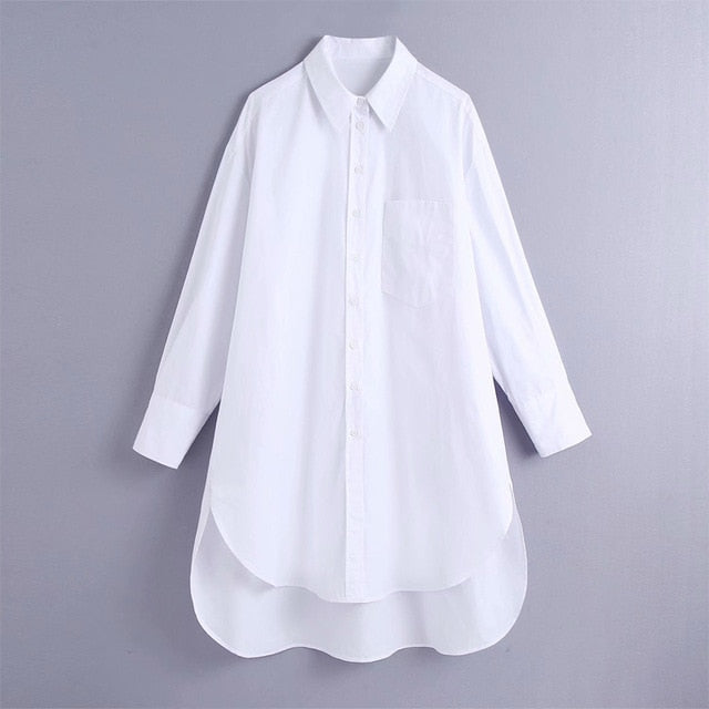 Autumn White Oversized Button Up Shirts Women Blouses Blue Collar Poplin Shirt Long Sleeve Plus Size Ladies Tops Pocket